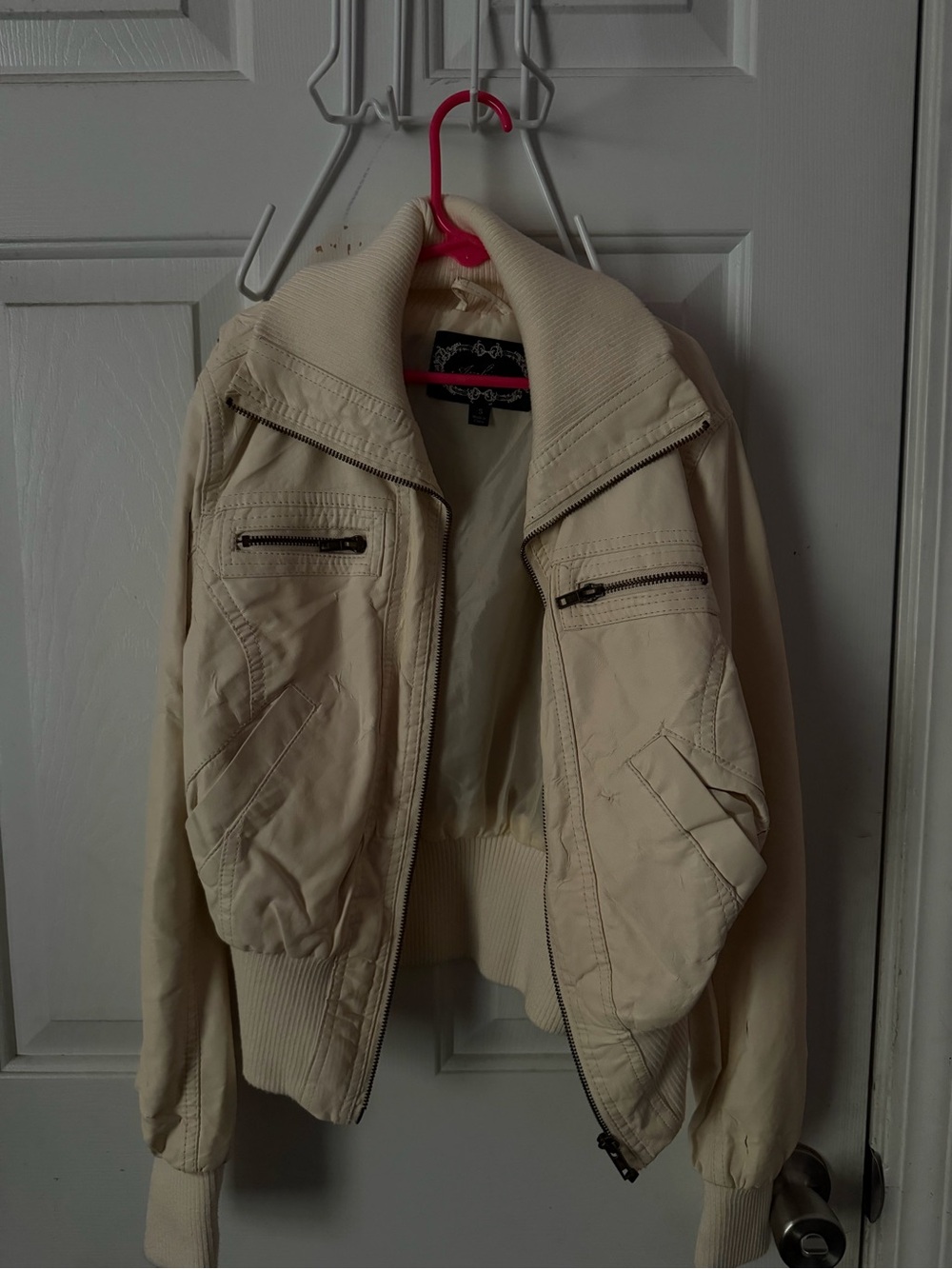 Source Unknown Cream Leather Bomber Jacket with Zip Pockets